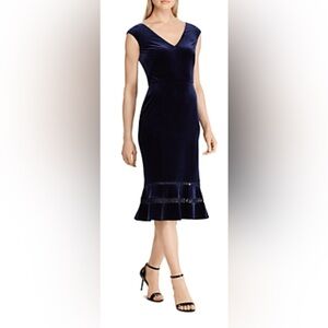 Lauren Ralph Lauren Size 2 Navy Blue Velvet V-Neck Lined Sheath Sleevele…